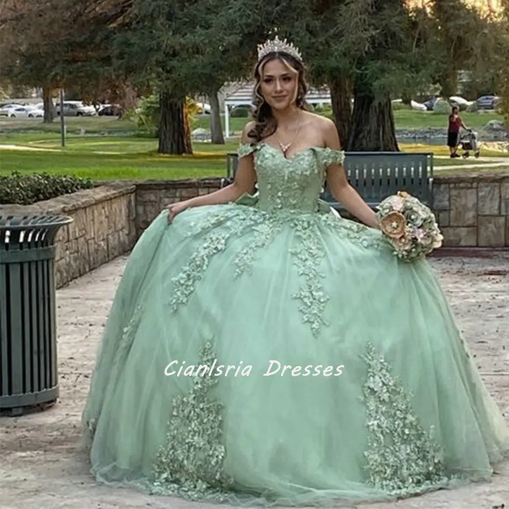 Mint Green Appliques Lace Quinceanera Dresses Ball Gown Off The Shoulder Corset Sweet 15 Vestidos De Quinceañera
Mint Green Appliques Lace Quinceanera Dresses Ball Gown Off The Shoulder Corset Sweet 15 Vestidos De Quinceañera
