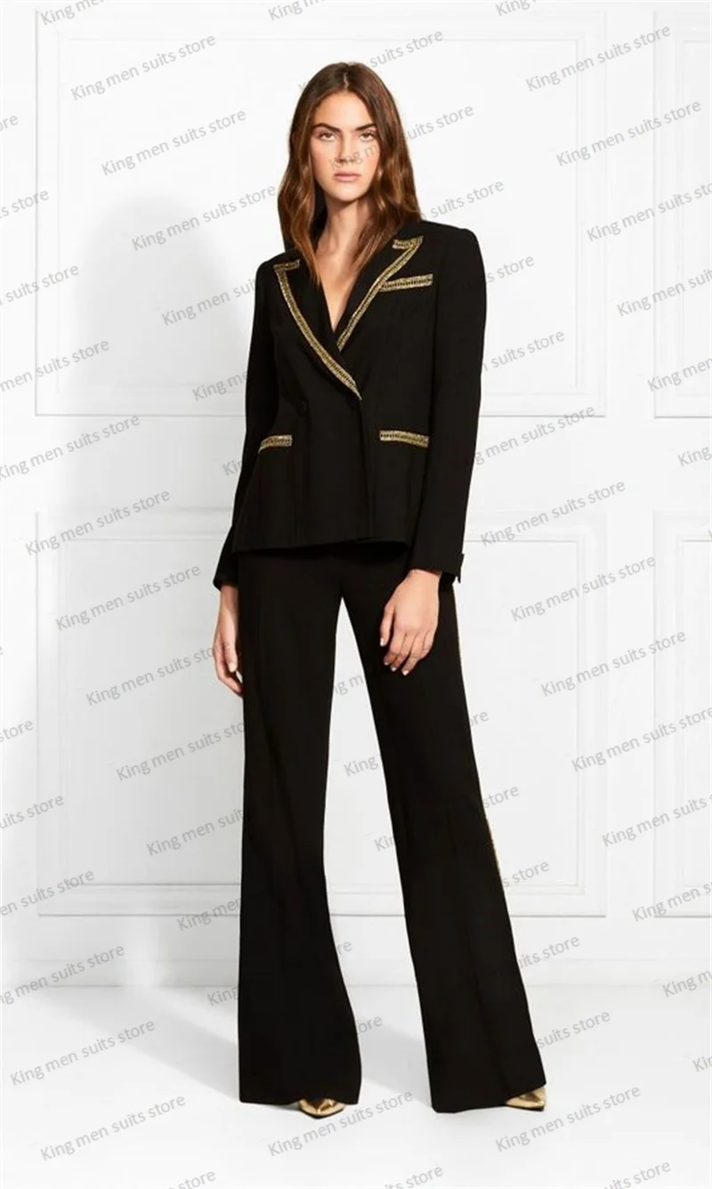 Black Women Pants Suits Set Blazer+Flare Trousers Prom Dress Golden Edge Formal Double Breasted 2 Pieces Office Lady Custom Made
Black Women Pants Suits Set Blazer+Flare Trousers Prom Dress Golden Edge Formal Double Breasted 2 Pieces Office Lady Custom Made