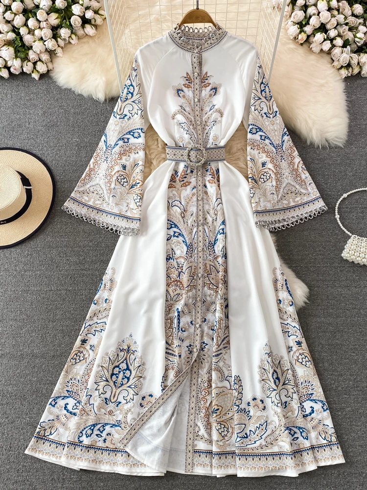 

Women Fashion Elegant Print Beach Vacation Party Long Dress Spring Stand Neck Single Breasted Flare Sleeve High Waist Robe