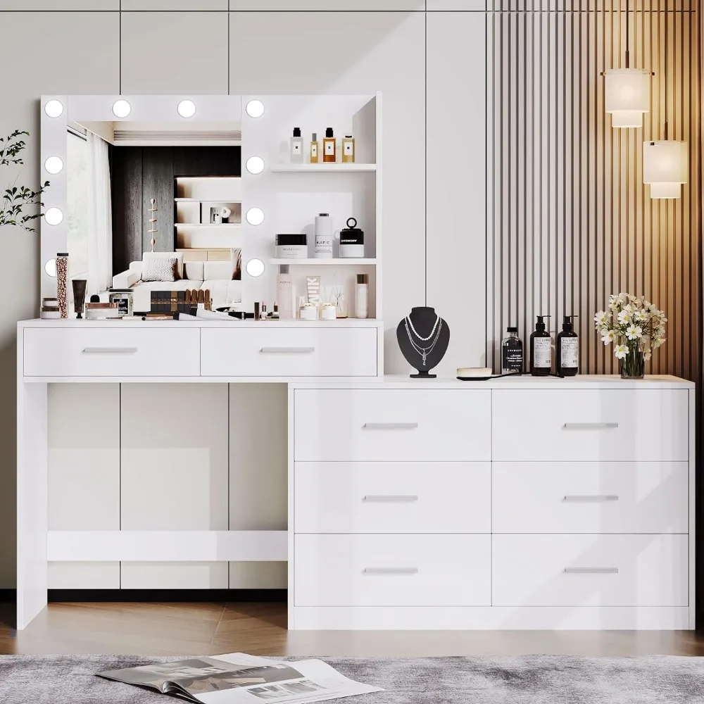 Rovaurx 65" W Makeup Vanity Desk with Mirror and 3-Color Lights, 8 Drawers Vanity Table with Side Storage Shelf, Dressing
Rovaurx 65" W Makeup Vanity Desk with Mirror and 3-Color Lights, 8 Drawers Vanity Table with Side Storage Shelf, Dressing