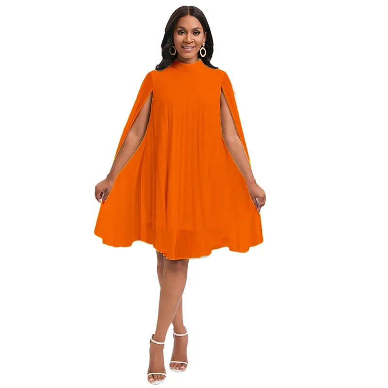 

Plus Size Fashionable New Elegant High Waisted Round Neck Chiffon Pullover Cape Bat Sleeve Ultra Long Sleeved Dress