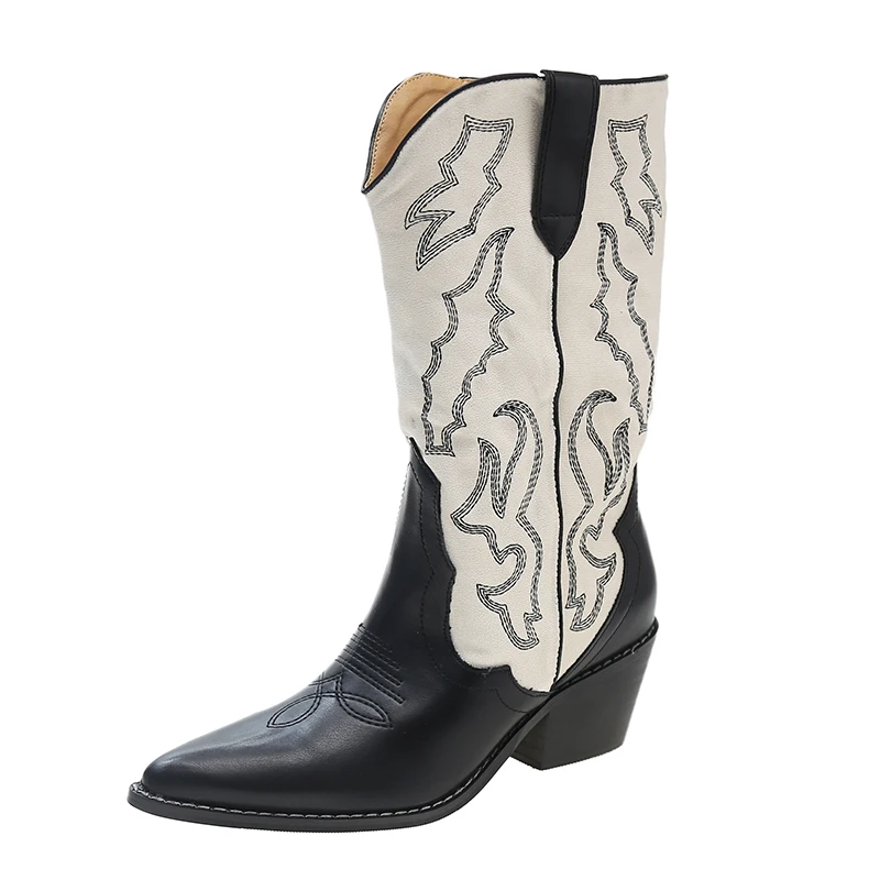 Western Chunky Heel Cowboy Boots Women Embroidered Pointes Toe Black Leather Mixed Colors Mid Boots Winter Designer Shoes
Western Chunky Heel Cowboy Boots Women Embroidered Pointes Toe Black Leather Mixed Colors Mid Boots Winter Designer Shoes