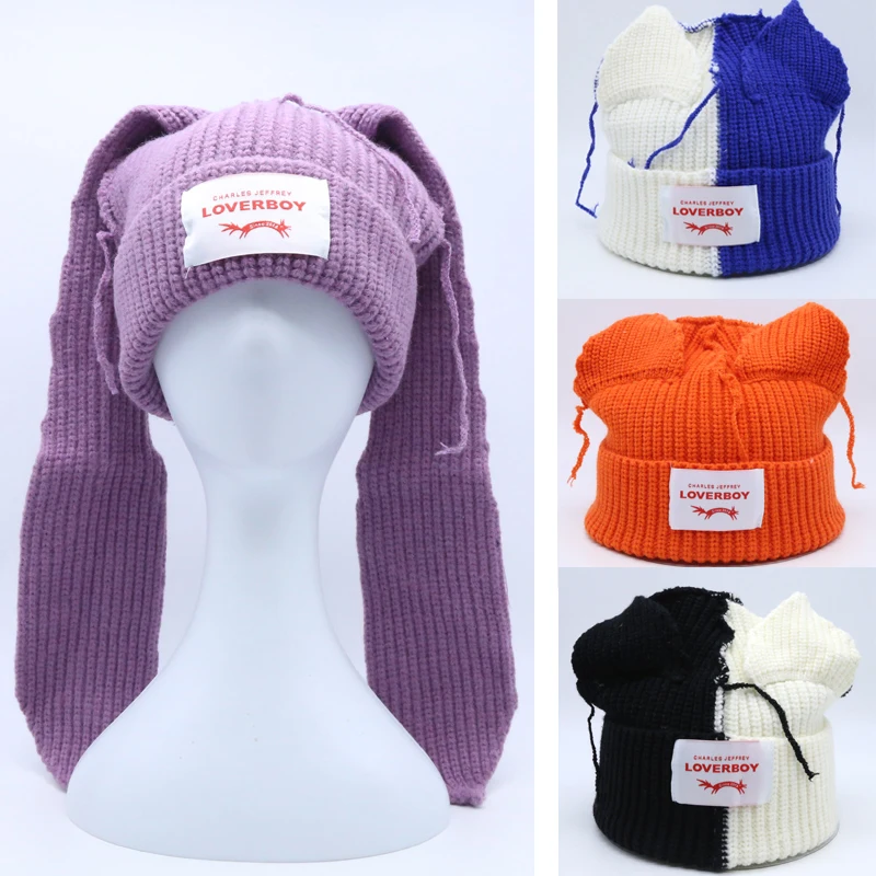 

Cute Long Ears fox Knitted Hat Men Women Rabbit Ear Warm Crochet Beanies Kpop Stray Kids Hip Hop Hat Woman Winter Skullies Cap