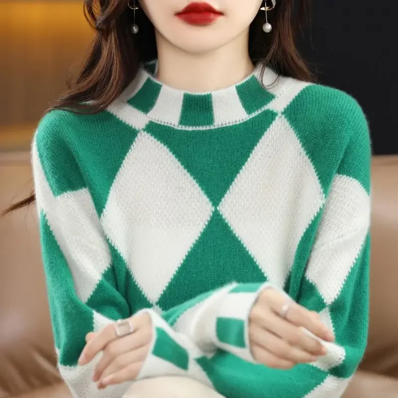 

Sweaters Women Knit Tops 2024 Autumn Cashmere Knitted Plaid Prints Splicing Knitwears Jerseys Skinny Warm Pullover Sweater Woman