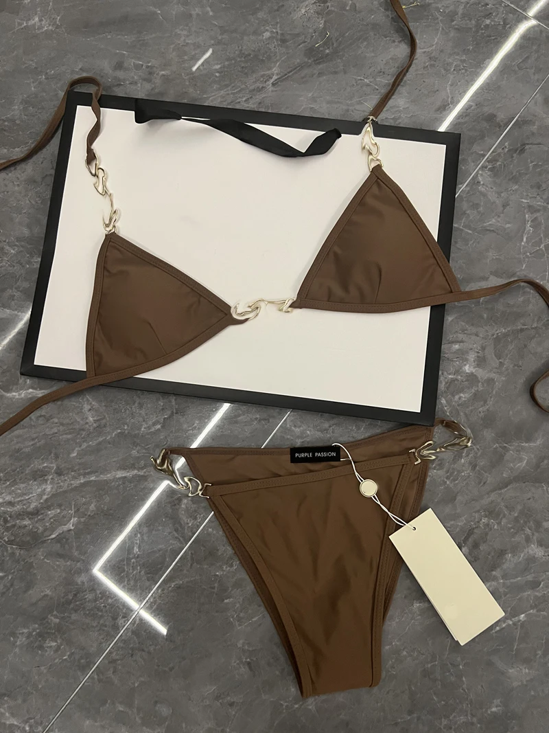 Women's new black coffee chain decorated triangle cup two-piece bathing suit beach holiday surf bikini
Women's new black coffee chain decorated triangle cup two-piece bathing suit beach holiday surf bikini
