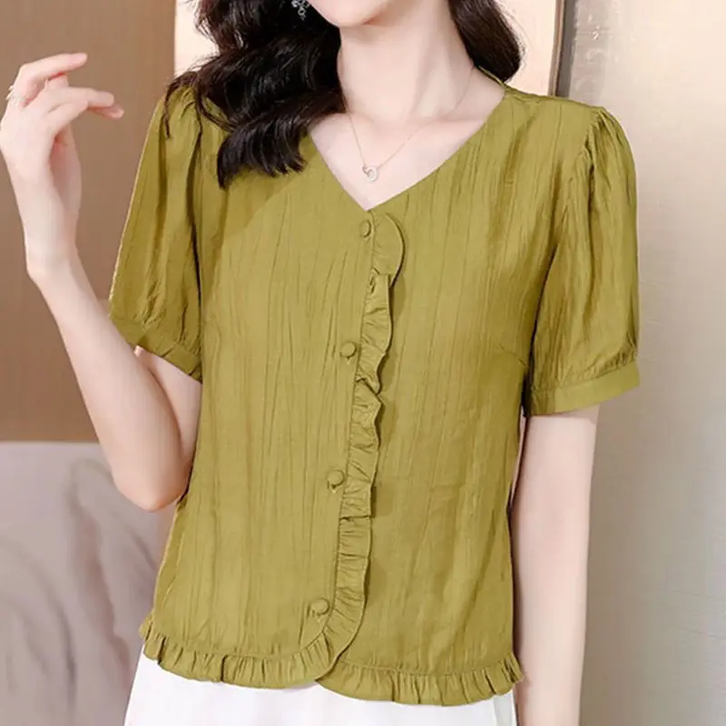 

2024 New Solid Color Women's Summer Casual Versatile Cardigan Button Spliced Ruched Ruffles Loose V-neck Short Sleeve Shirt Tops