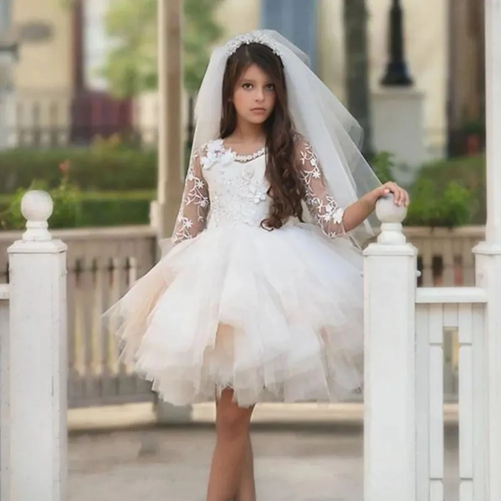 

Цветочное платье для девочки на свадьбу до колена Пышное кружевное платье с аппликацией и рукавом три четверти платья принцессы для конкурса платье для первого причастия