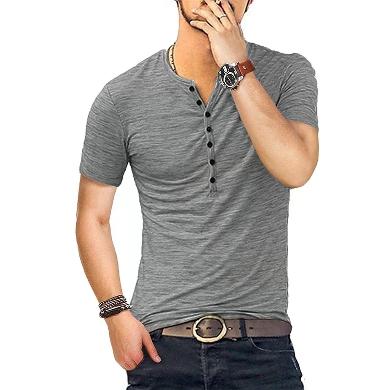 

A2837 Men Henley T Shirt Short Sleeve Stylish Slim Fit T-shirt Button Up V Neck Casual Men Tshirts US Size