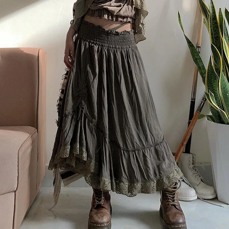 

Fairy Lace Splice Shirring Midi Skirts Retro Y2k Grunge Ruffles Asymmetric Bottoms Goblincore Streetwear Long Skirt