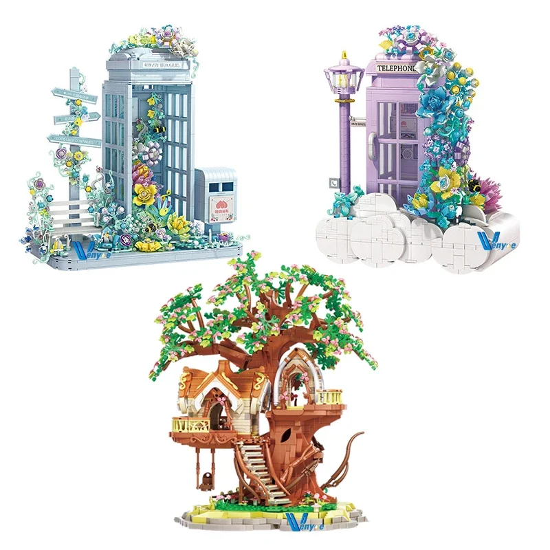 

Romantic Flower Telephone Booth Building Blocks Tree House Model Assembled 3D Plastics Puzzle Bricks Toy For Girl Friend Gifts