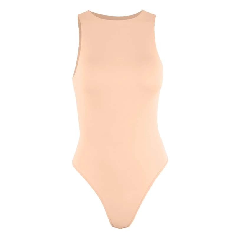 

Women Summer Sleeveless Round Neck Bodycon Bodysuit Basic Plain Solid Color Racerback Cut Leotard Top 90s Seamless Skinny Thong