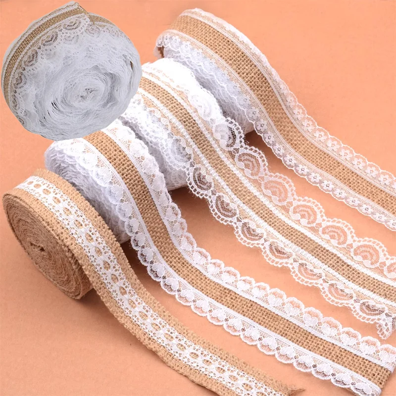 2/5Meter Burlap Ribbon with White Lace Trim Tape Natural jute Burlap Lace Rustic Vintage Hemp Ribbon For DIY Craft Wedding Decor 2/5Meter Burlap Ribbon with White Lace Trim Tape Natural jute Burlap Lace Rustic Vintage Hemp Ribbon For DIY Craft Wedding Decor
