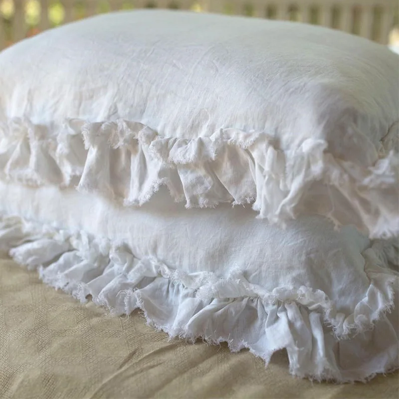 

Ruffled Pillow Shams Farmhouse Ruffle Country Elegant 100% French Washed Linen Vintage Decorative Shabby Chic Pillowcases TJ7335