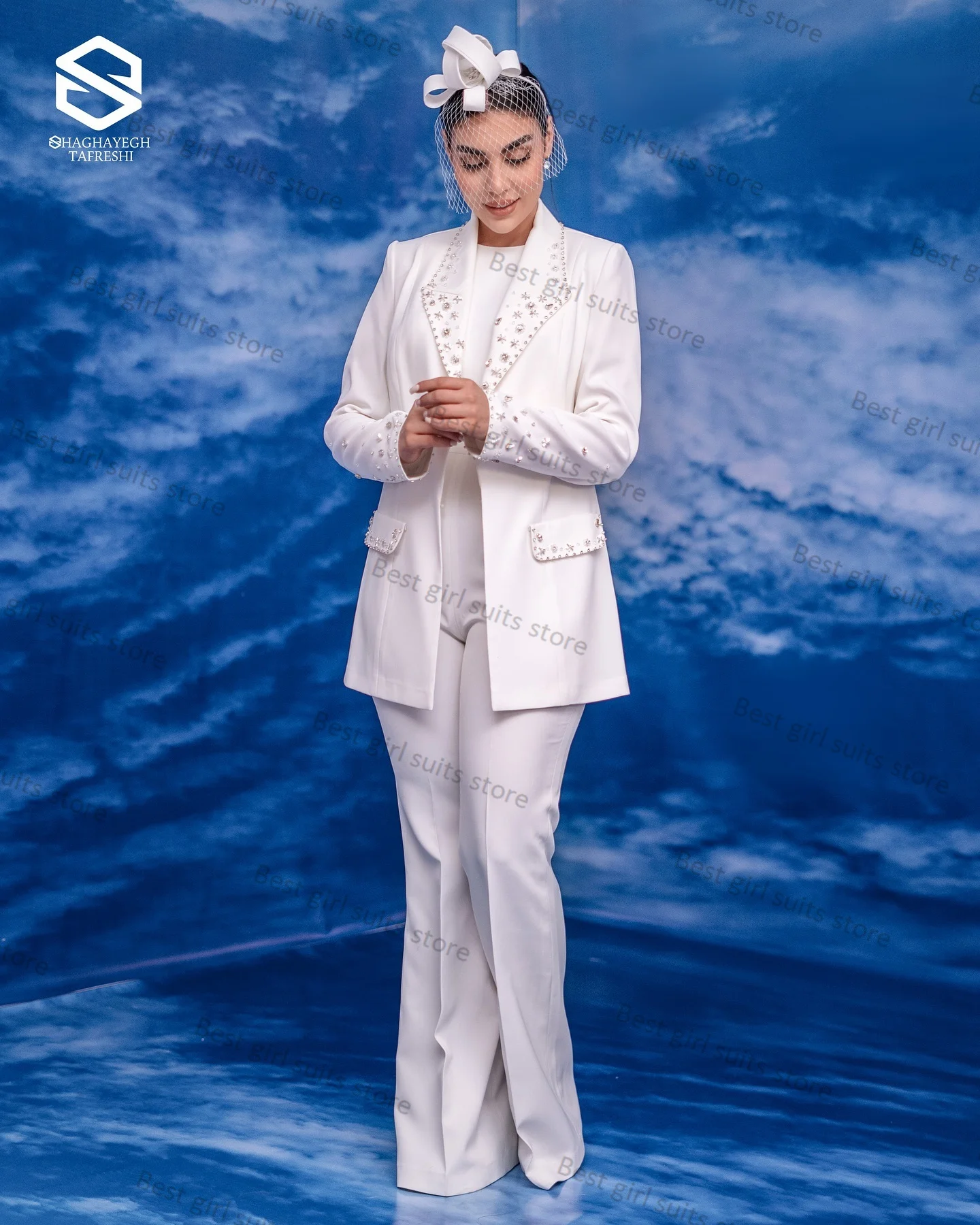 

White Crystals Women Suit Pants Set 2 Piece Jacket+Trouser Formal Office Lady Blazer Luxury Wedding Tuxedo Tailored Prom Dress