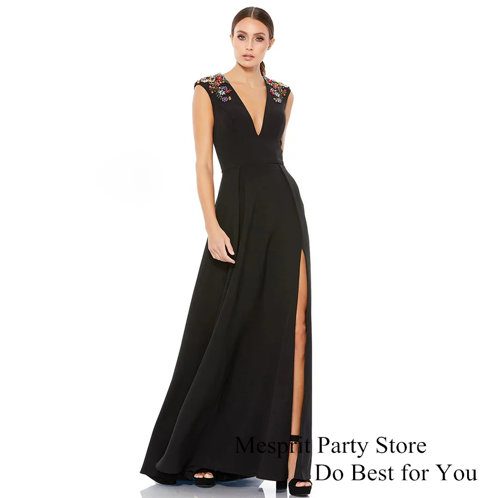 

Sexy Black Prom Dress Cap Sleeve V Neck Colorful Stones Beading A Line Slit Party Gown Bridesmaid Evening Dresses for Woman