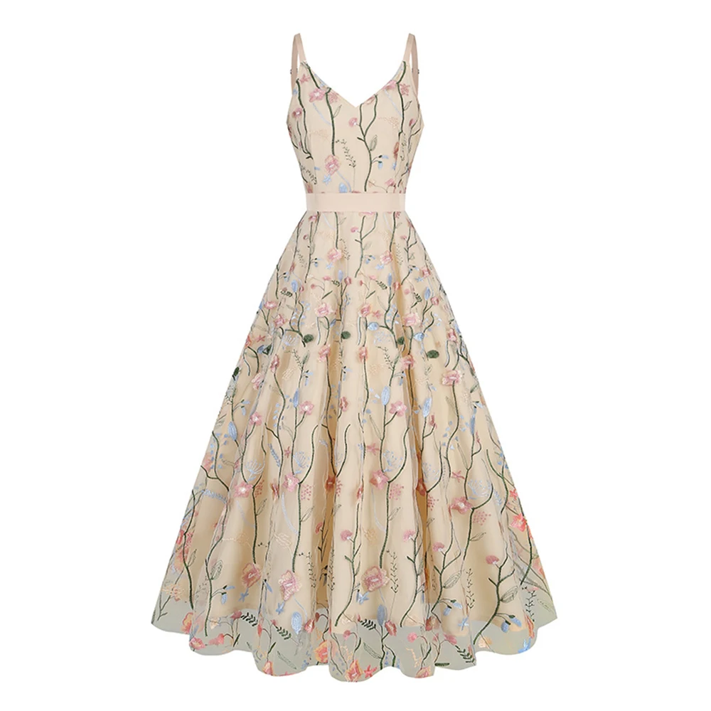 

Женское винтажное платье на тонких бретельках, Длинное Элегантное платье с цветочной вышивкой и высокой талией для отпуска, модель VD4346