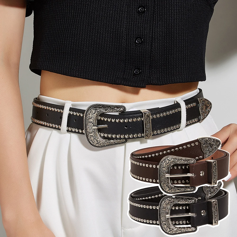 

Punk Studded PU Leather Belt Casual Waist Strap Jeans Dress Waistband Rivet Decorative Carved Pin Buckle Fashion Waist Belt