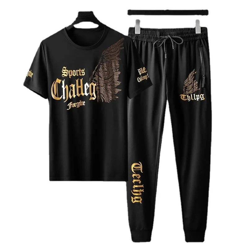 Men's Black Suit, Korean Fashion Flying Wings Pattern Hot Diamond T-shirt and Trousers Two-piece Suit, Men's Jogger Sportswear
Men's Black Suit, Korean Fashion Flying Wings Pattern Hot Diamond T-shirt and Trousers Two-piece Suit, Men's Jogger Sportswear
