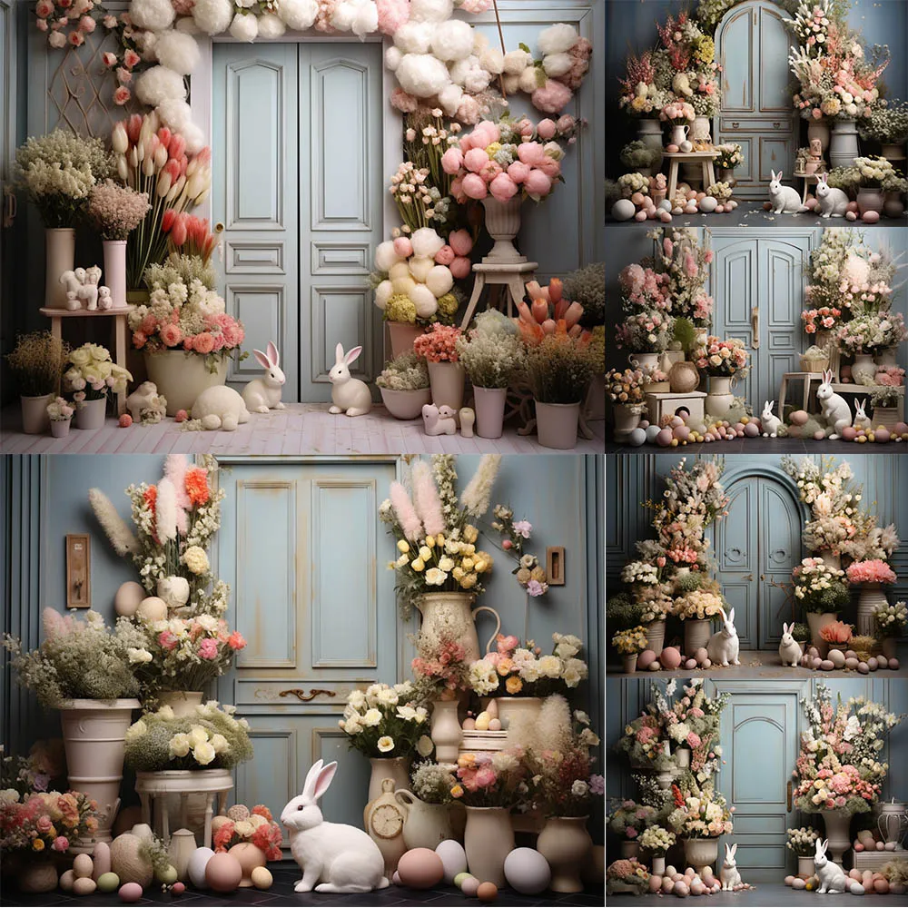 

Spring Photography Background Easter Bunny Eggs Garden Flowers Kids Birthday Party Portrait Decor Backdrop Photo Studio Banner