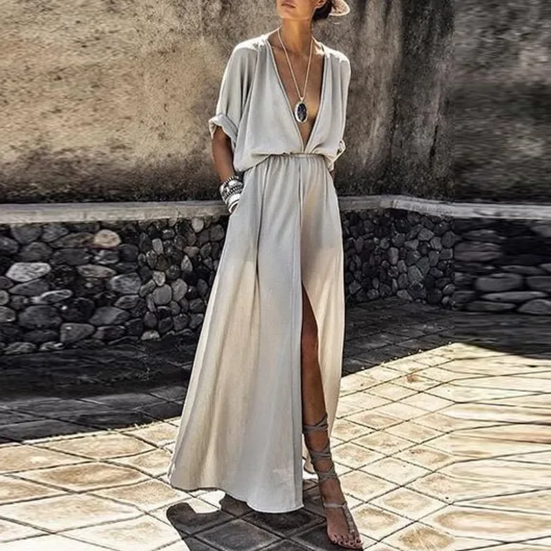 Fashion Short Sleeve Loose Casual Long Dress Sexy Deep V Neck High Slit Party Dress Lady Elegant Solid Boho Beach Women Sundress
Fashion Short Sleeve Loose Casual Long Dress Sexy Deep V Neck High Slit Party Dress Lady Elegant Solid Boho Beach Women Sundress