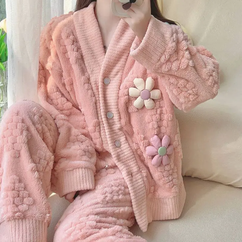 

Princess Pajamas Female Autumn and Winter Coral Fleece Thickening for Warmth Sweet Flannel Loungewear in The Winter sleepwear