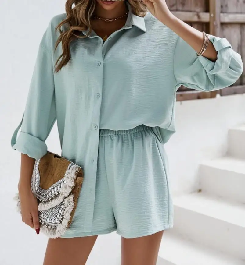 Women's Spring/summer 2023 New Spring Solid Polo Neck Long Sleeve Shirt Elastic High Waist Shorts Fashion Casual Set
Women's Spring/summer 2023 New Spring Solid Polo Neck Long Sleeve Shirt Elastic High Waist Shorts Fashion Casual Set