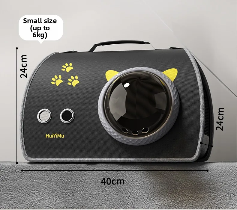 Cat Carrier Bag | Portable Space Capsule Pet Carrier Small portable pet travel bag in black PU leather with cat ear accents, showing dimensions of 40cm length and 24cm height, rated for pets up to 6kg.