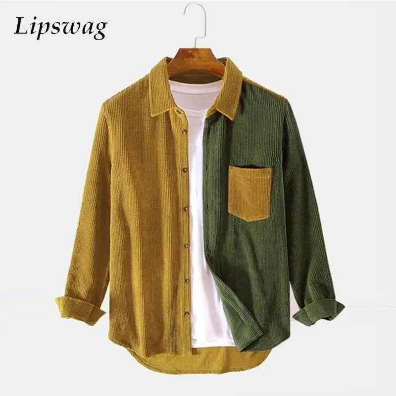 

Contrast Color Patchwork Corduroy Shirts Men 2024 Spring Autumn Long Sleeve Turndown Collar Casual Shirt Fashion Streetwear Men