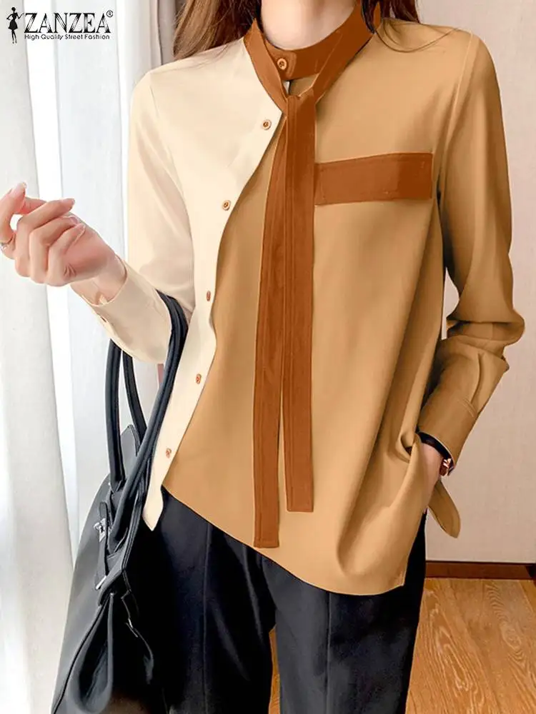 

Casual Diagonal Placket Colorblock Tunics ZANZEA 2023 Autumn Solid Shirt Women Round Neck Chic Tops Fashion Long Sleeve Blouse