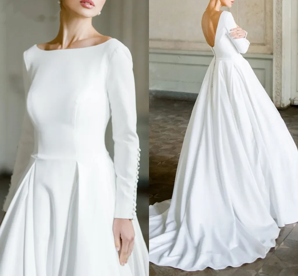 

Elegant Satin A Line Wedding Dresses Long Sleeves Scoop Neck Backless Garden Bridal Gowns Sweep Train Simple Robes De Mariee