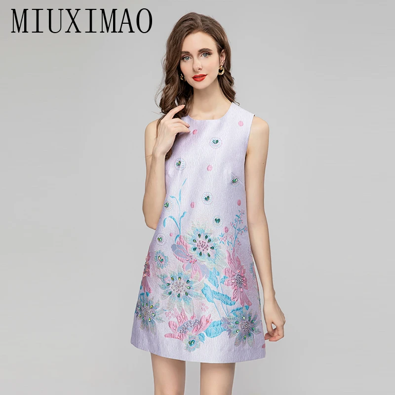 

MIUXIMAO 2023 Fall Dress Sleeveless jacquard Flower Diamonds Above Knee Retro One piece dress women's luxury party dress