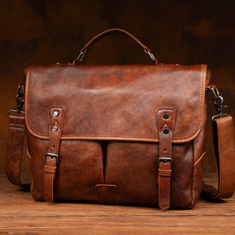

High Quality Handmade Vegetable Tanned Cowhide Men's Bag Leather Computer Handbag Casual Vintage Briefcase Shoulder Messenger