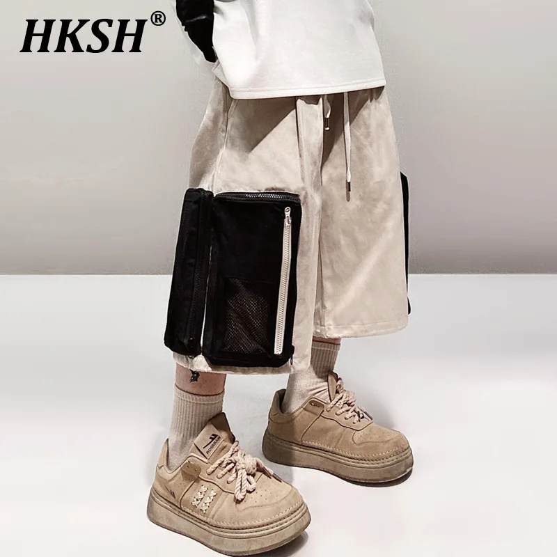 

HKSH Men's Hip Hop Fashion Japanese Spliced Workwear Pants Contrast Color Loose Straight Tide Shorts Pockets Chic Capris HK1328