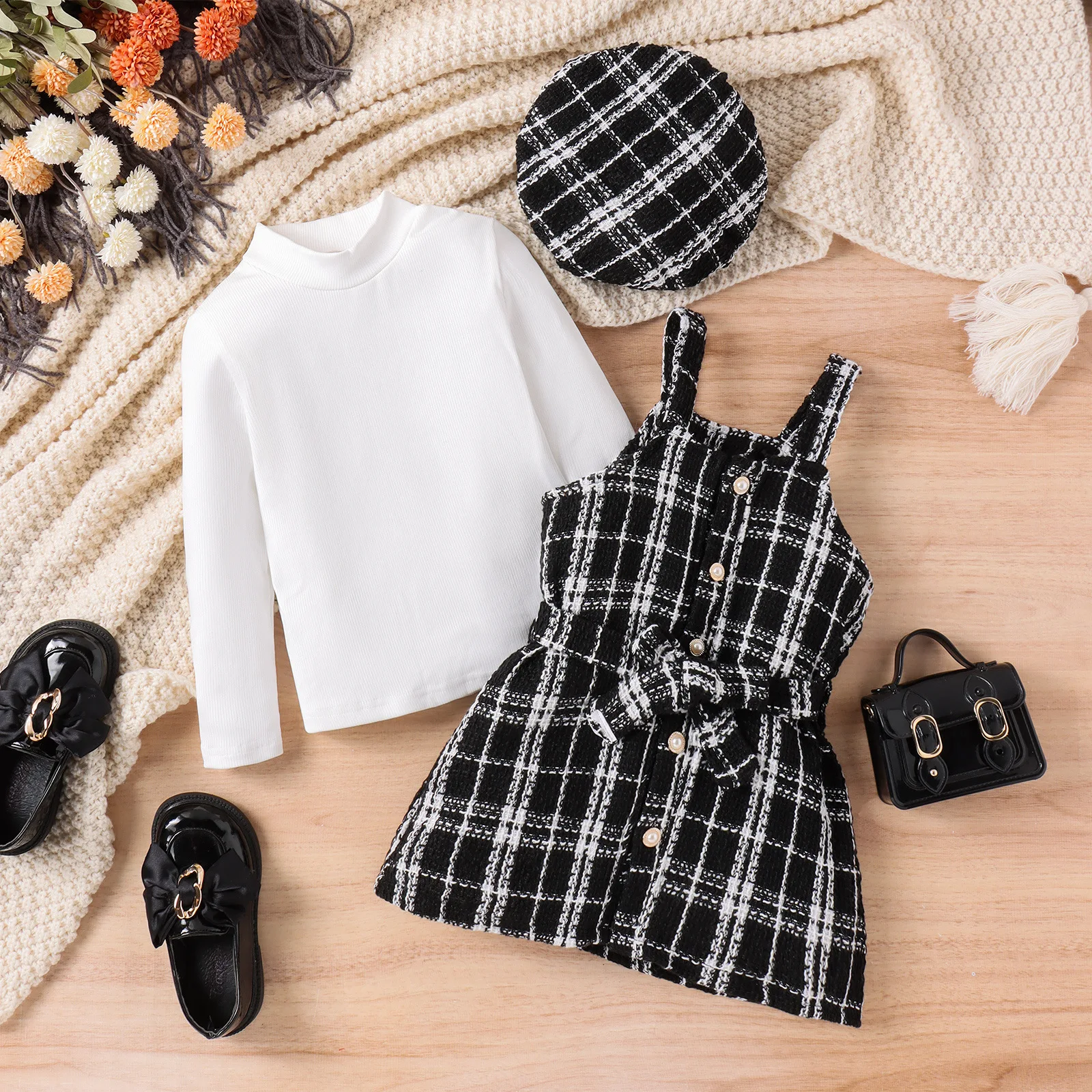 Girls Long Sleeve Dress Autumn Winter Solid High Neck Long Sleeves+Checkered Tank Skirt+Belt+Hat 4pcs Suit Kids Clothes For 4-7Y
Girls Long Sleeve Dress Autumn Winter Solid High Neck Long Sleeves+Checkered Tank Skirt+Belt+Hat 4pcs Suit Kids Clothes For 4-7Y