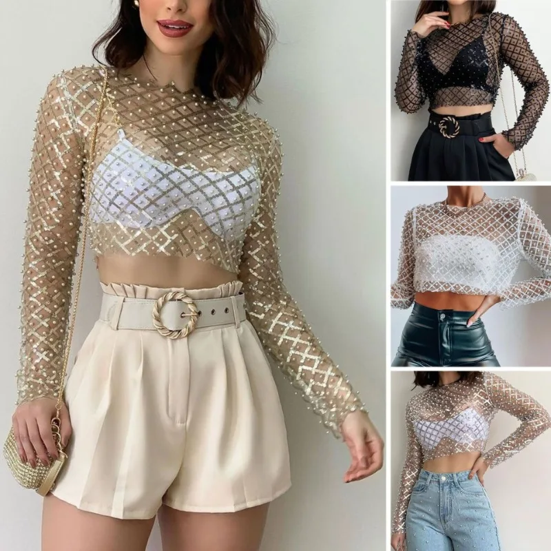 

Sequins Bead Mesh See Through Long Sleeve Crop Top Women 2023 Autumn New Crew Neck Slim Fit Sexy T-shirt Party Club Streetwear