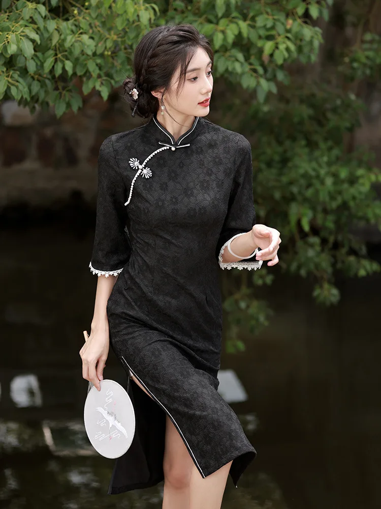 

Black Elegant Flare Sleeve Qipao Beaded Chiffon Mandarin Collar Cheongsam Chinese Young Girl Daily Dress