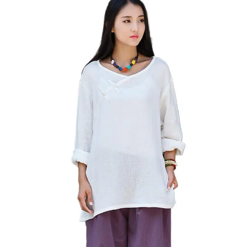 

Женские однотонные топы, осенняя хлопковая льняная рубашка, блуза, Женская винтажная блузка с длинным рукавом, женская одежда в китайском стиле, женская одежда