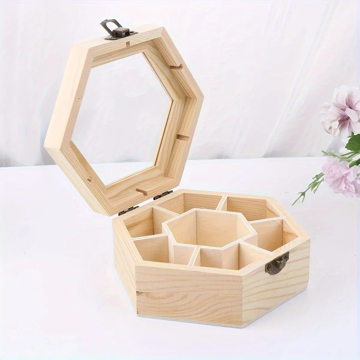 1pc Unfinished Wooden Jewellery Box, Hexagonal DIY Trinket Storage Box 7 Compartments Craft Gift Box with Locking Closure
1pc Unfinished Wooden Jewellery Box, Hexagonal DIY Trinket Storage Box 7 Compartments Craft Gift Box with Locking Closure