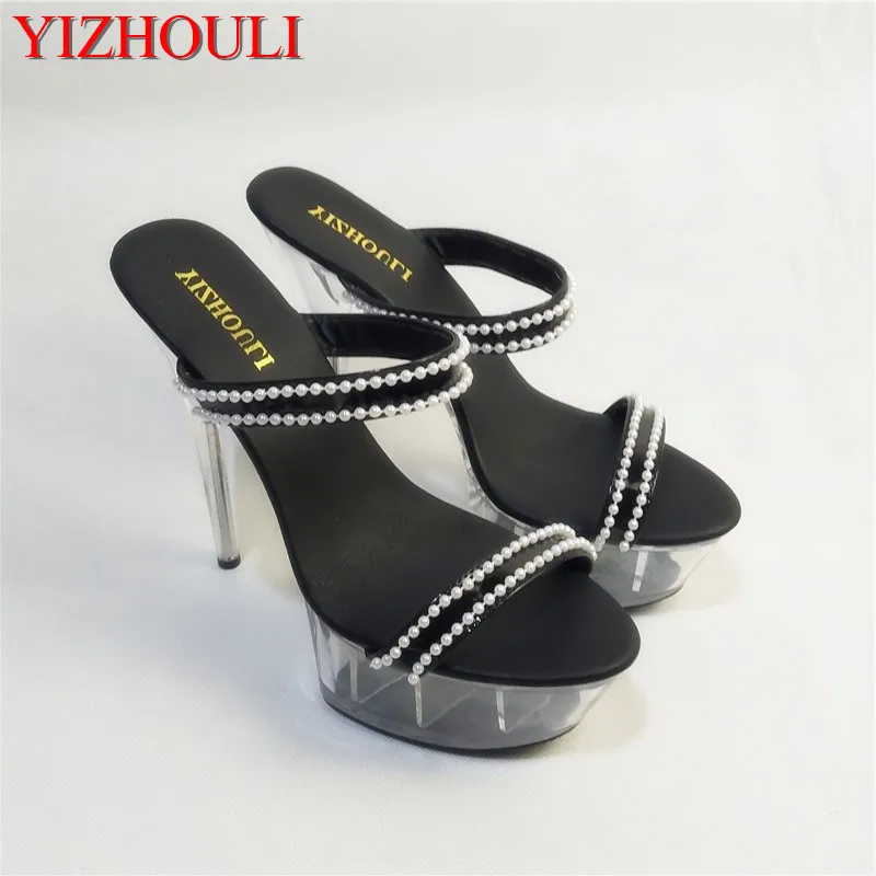 

Fashion women's glass slippers noble fashion transparent floor 15cm high-heeled sandals, beaded decorative dance shoes