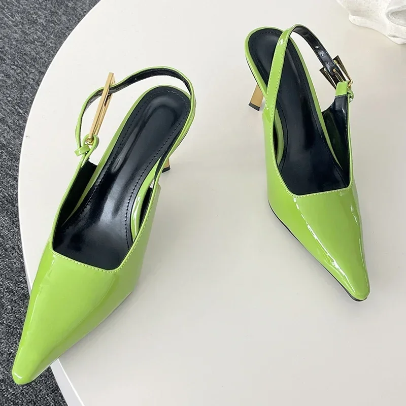 Patent Leather Green Women Pumps Sexy Pointed Toe Metal Buckle Strap Thin High Heels Summer Elegant Slingbacks Heeled Sandals 42 Sd1edbfb9a9344b828a8b3c14c1bb03d9X