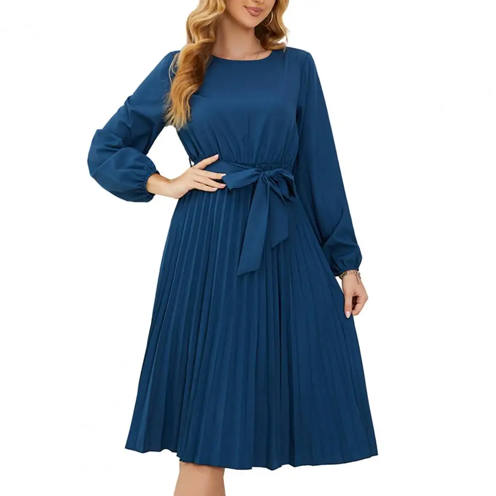 

Long Dress Women Elegant 2023 Long Sleeves Pleated Hem Casual Belted Slim Waist Autumn Female Midi Dress vestidos para mujer