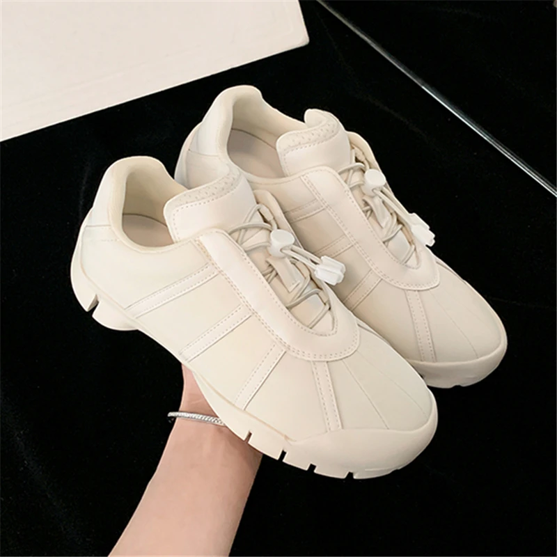 

Genuine Leather Patchwork Mesh Round Toe Women Sneakers Solid Color Buckle Lace Up Running Fashion Concise Casual Sport Shoes