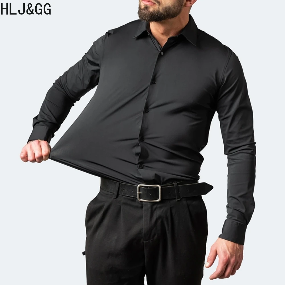 

HLJ&GG High Elasticity And Non Ironing Man's Shirt Classic Solid Color Slim Man Long Sleeve Shirts Business Social Dress Shirt