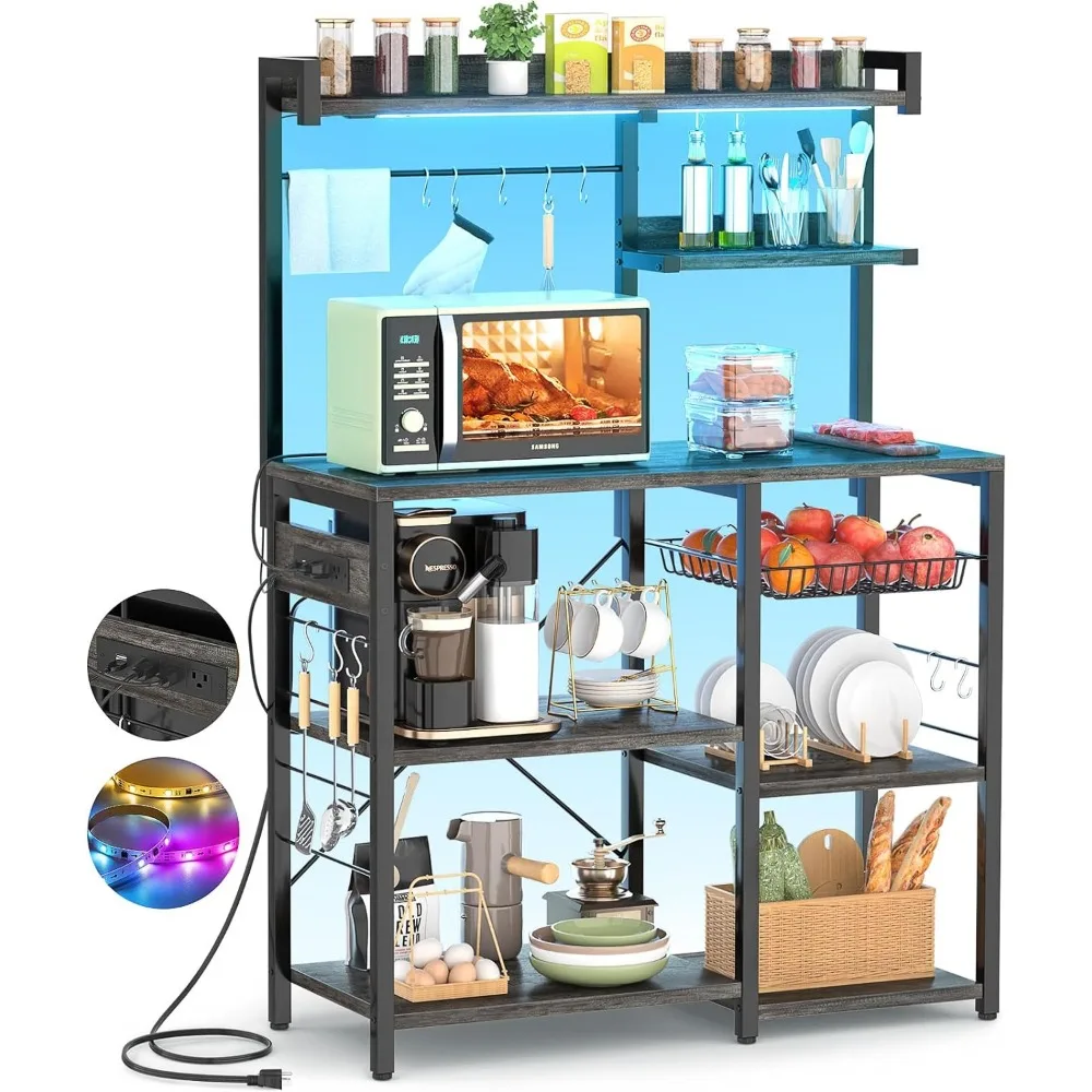 Aheaplus Bakers Rack with Power Outlet and LED Light Strings, Microwave Oven Stand Kitchen Storage Shelf with Wire Basket
Aheaplus Bakers Rack with Power Outlet and LED Light Strings, Microwave Oven Stand Kitchen Storage Shelf with Wire Basket