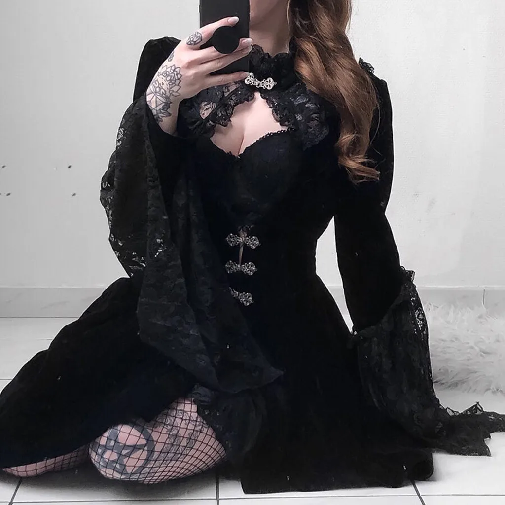 Dark Punk Women Dress Fashion Retro Gothic Court V-Neck Hollow Out Dress Lace Bell Long Sleeve Dress Palace Style Dress
Dark Punk Women Dress Fashion Retro Gothic Court V-Neck Hollow Out Dress Lace Bell Long Sleeve Dress Palace Style Dress