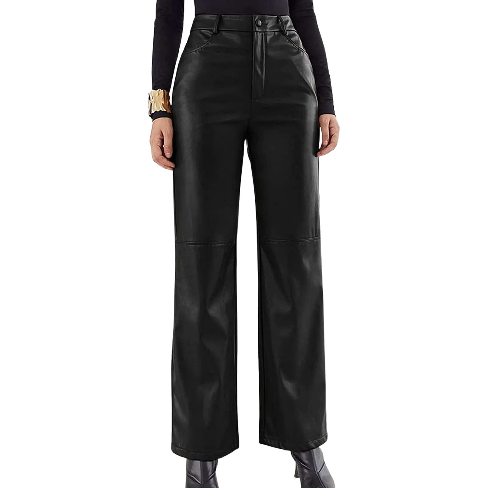 

Leather Pats Pockets High Waist Trouser Solid Straight Tracksuit Slim Fit Wide Leg Trouser Large Size Straight Bottomwear Female