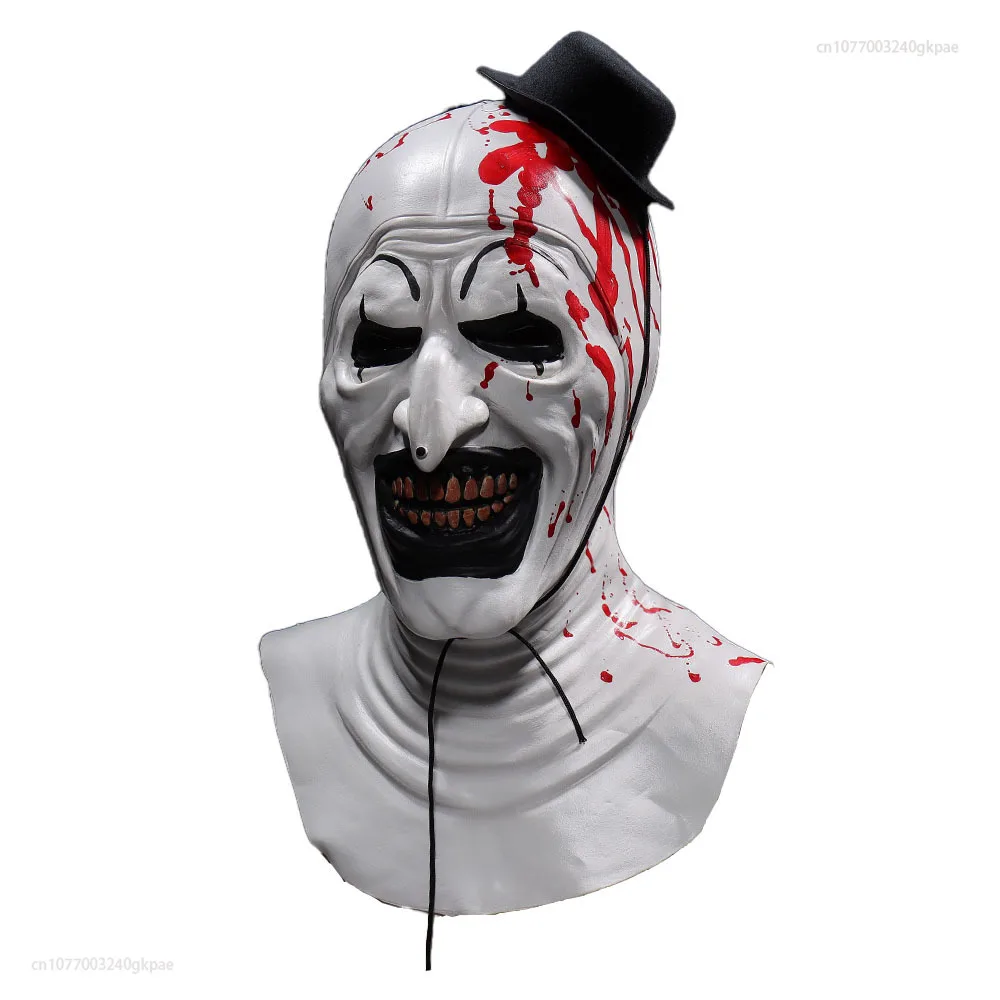 

Bloody Terrifier Art The Clown Mask Cosplay Creepy Horror Demon Evil Joker Hat Latex Helmet Halloween Party Costume Props