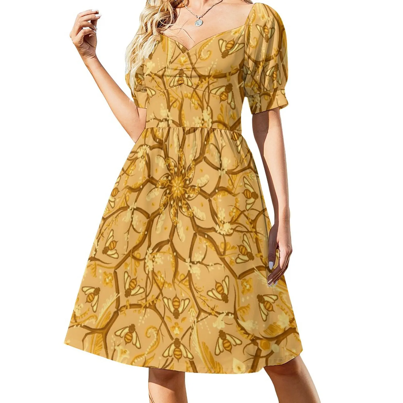 

Bees and Honeycomb flowers Sleeveless Dress Long dress Woman clothes