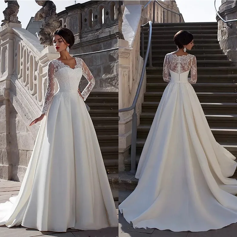2022 New Wedding Dresses Long Sleeve V Neck Luxury Wedding Gown Lace Top Satin Bridal Dresses Vintage Robe de Mariage Plus Size
2022 New Wedding Dresses Long Sleeve V Neck Luxury Wedding Gown Lace Top Satin Bridal Dresses Vintage Robe de Mariage Plus Size