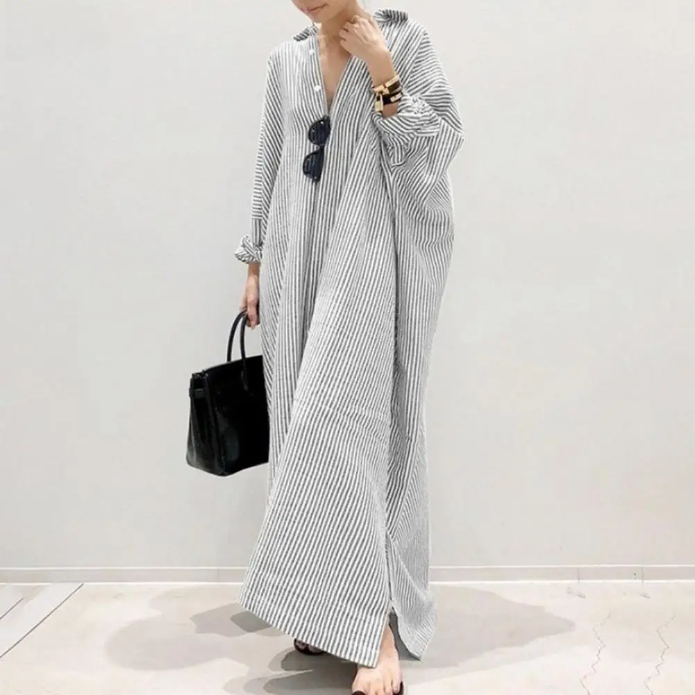 Loose Fit Dress Striped Print Lapel Maxi Dress for Women Long Sleeve Loose Shirt Style Plus Size Spring Dress with Split Hem 
Loose Fit Dress Striped Print Lapel Maxi Dress for Women Long Sleeve Loose Shirt Style Plus Size Spring Dress with Split Hem